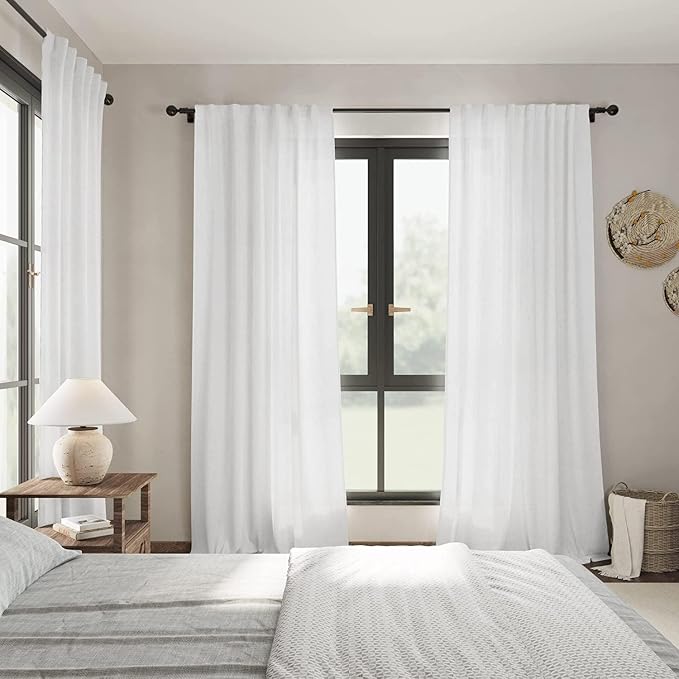 White Extra Long Curtains 2 Panels Set 111 Inches Long for Dinning Room Back Tab Rod Pocket Light Filtering Semi Sheer Drapes Linen Textured Window Curtain for Bedroom 52x111