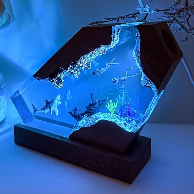 Handmade Shark Resin Lamp with Wooden Base