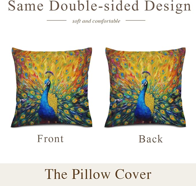 Beautiful Peacock Throw Pillow Cover 18"x18" Outdoor Pillow Cases Set of 2 Decorative Cushion Covers for Sofa Bed Chair Living Room Decor