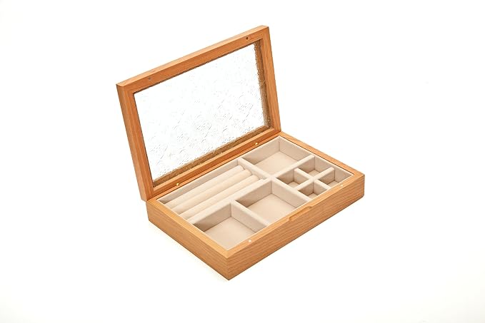 pandapark Wooden Jewelry Box with Glass Lid, Multi-Compartment Storage Display Case, Walnut Brown (Cream Cherry)
