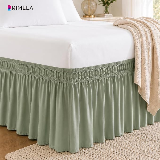 Sage Green Bed Skirt Twin Size 15" Drop, Elastic Wrap Around Bedskirt | Solid Ruffled, Easy to Use, No Mattress Lifting, Wrinkle & Fade Resistant, with Adhesive Strips, Machine Wash/Dry/Iron