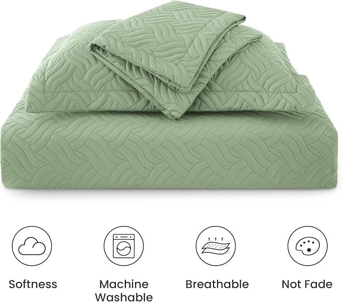 Love's cabin Quilts for Queen Bed Sage Bedspreads Bedding Set - Summer Lightweight Bedspread Comforter - Wave Pattern Bedding Coverlet for All Season - 3 Pieces (1 Quilt, 2 Pillow Shams)