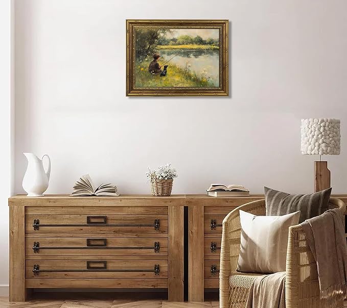 Vintage Gold Framed Wall Art Boy Fishing Country Painting Picture Peaceful Lake Landscape With Dog Wall Decor Rustic Farmhouse Poster Print for Nursery Living Room Bedroom 12x16in