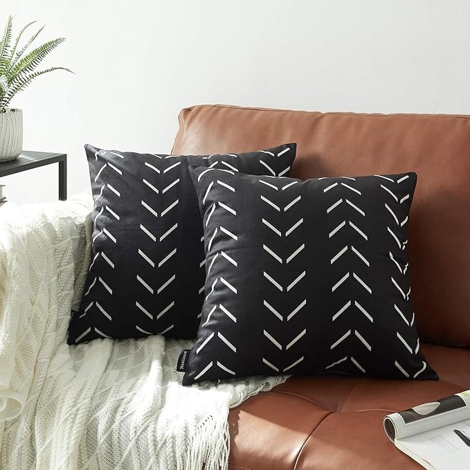 Set of 2 Black Pillow Covers 20 x 20 inches Boho Aztec Polyester Blend Square Decorative Throw Pillow Covers for Sofa Couch Bed Decor