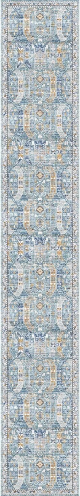 Madane Washable Runner Rugs 2x12 Long for Hallway Kitchen Soft, Blue/Gold | Non-Slip Vintage Printed 12ft Rug Runners with Rubber Backing, Low-Pile Floor Carpet Laundry Room Entryway, Corridor