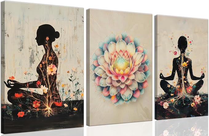 Framed yoga Zen Lotus Canvas Wall Art Set of 3, Meditation Decor 16x24in | Zen meditation wall art with lotus painting prints, floral poster design and Ready to Hang decor for bedroom,yoga room&office