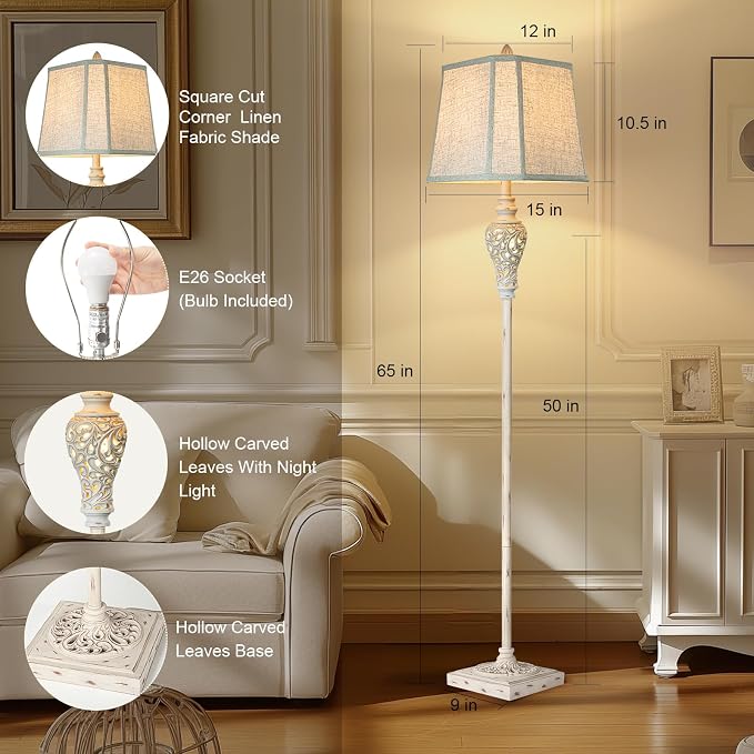 Rustic Floor Lamp with Nightlight for Living Room, Vintage Standing Lamp