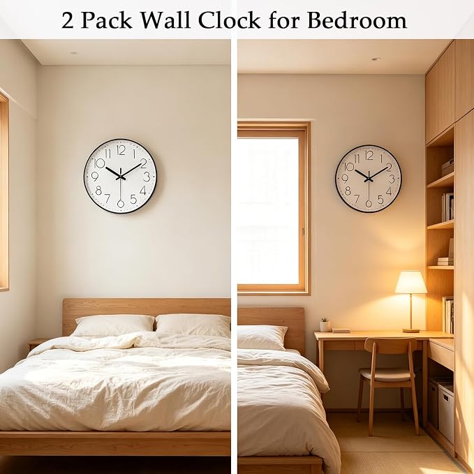 2 Pack Black Wall Clock 12 Inch Modern Silent Battery Operated Wall Clocks | Office Kitchen Classroom School