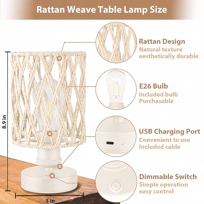 Cordless Outdoor Table Lamps, Small Rattan Boho, Rechargeable Battery Operated for Outdoor Patio, Home, Living Room, Bedroom, Bedside - Set of 2 (Ivory)
