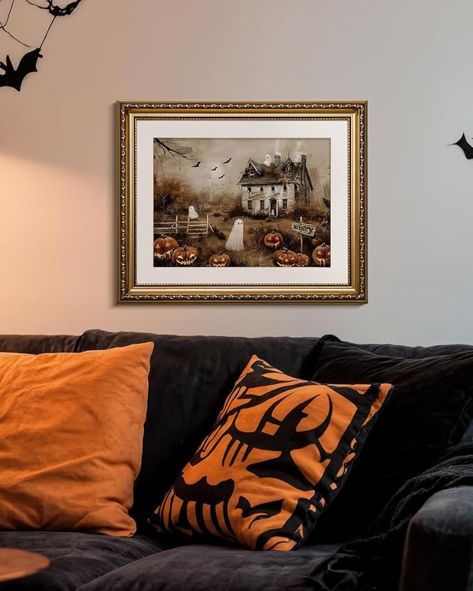 Vintage Gold Framed Spooky Halloween Wall Art, 13x16 Haunted House Jack-o’-Lanterns Bats Canvas Painting Print, Ghosts Pumpkins Halloween Picture Holiday Home Room Atmospheric Decor