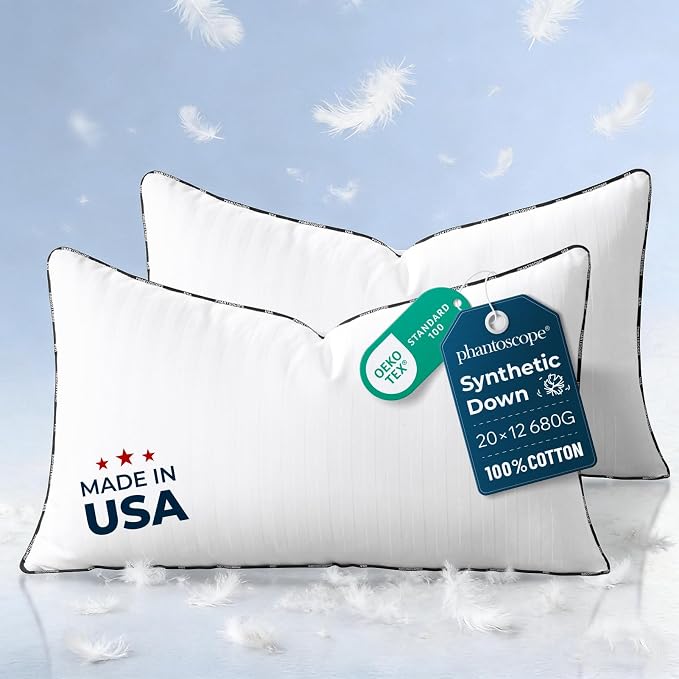 Phantoscope Synthetic Down Pillow Insert - 12x20 Down Alternative, Ultra Soft Large Rectangle Throw Pillow with 100% Cotton for Couch Sham, Bed Sleeping (White, Set of 2) Made in USA