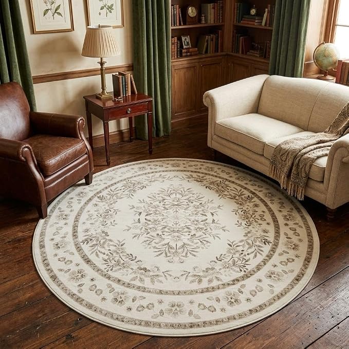 GarveeHome 4ft Round Rug for Nursery Vintage Floral Floor Carpets | Leaf Flower Bordered Throw Rugs for Living Room Machine Washable Non-Slip Brown Botanical Area Rug for Bedroom Dining Room