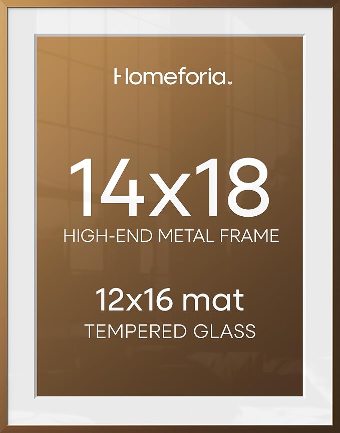 Homeforia 14x18 Bronze Picture Frame, High-End Metal, 12x16 Mat, Glass