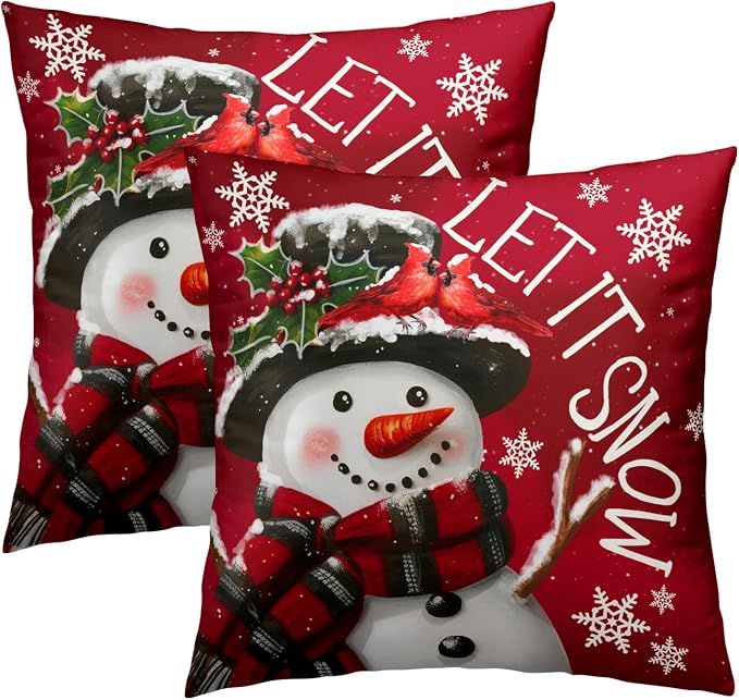 Xmas Pillow Covers 20x20 Inch 2 Packs Christma Snowman Snowflake Decorative Red Pillow Cases Winter Holiday Red Cotton Cushion Cover for Home Sofa Couch Decor