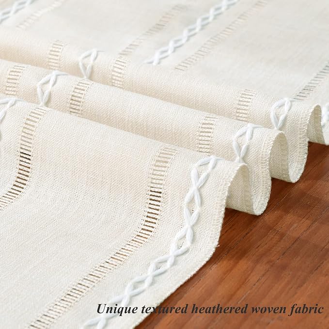 Wracra Rustic Linen Table Runner, Ivory Table Runners 108 inches Long | Raised Embroidered Hollow Design and Hand-Tassels;Cotton Linen Woven Fabric; Farmhouse Table Runner;Home Dining Decor