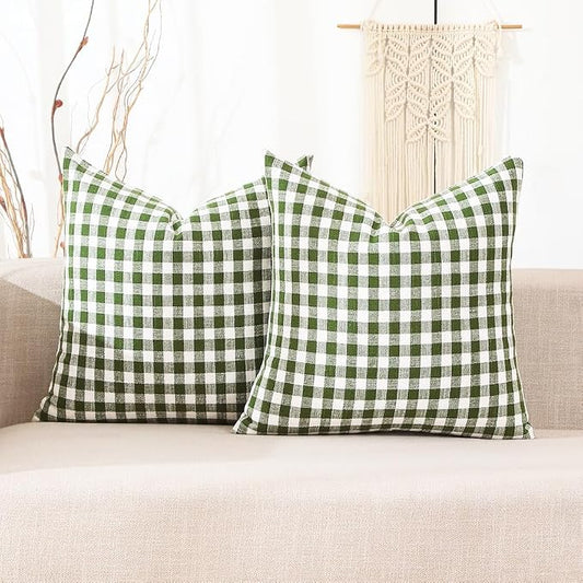 Outdoor Sage Green Gingham Plaid Throw Pillow Covers 18x18 for Porch Patio | Set of 2 Spring Summer Outdoor Pillow Covers 18 x 18,Woven Textured Fabric, Vintage Farmhouse Cottage Core Decor Green Pillow