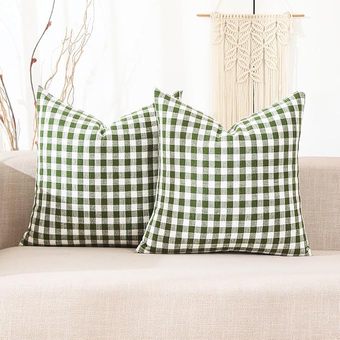 Spring Green Plaid Gingham Euro Pillow Sham Cover 24x24, Large Pillow Cover | Set of 2, 24 x 24 Spring Farmhouse Vintage Pillow Covers, Spring Couch Buffalo Plaid Checkered, Cojines Para Sofas De Sala