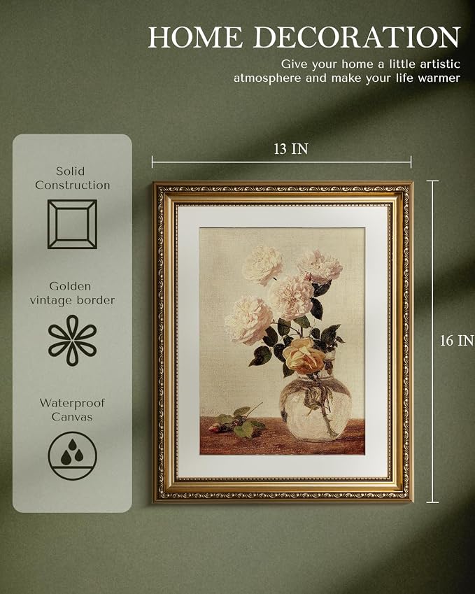 WHASAYART Vintage Gold Framed Beautiful Flowers Canvas Wall Art 13x16 Inch | Antique Still Life Rose in Vase Painting Print, Classic Botanical Wall Decor Artwork Living Room Entryway Bedroom Office