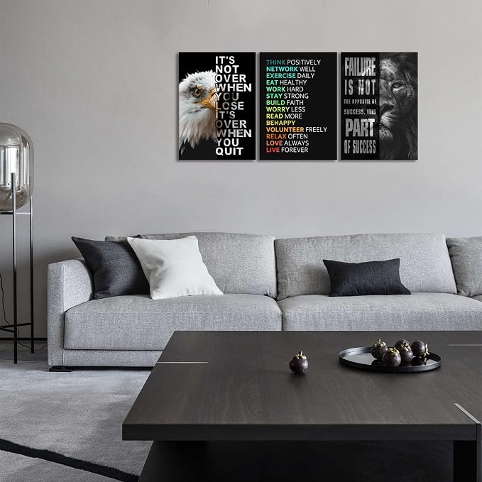 KAWAHONE Motivational Wall Art -Bald Eagle and Lion Inspirational Picture Animal Positive Quotes Wall Poster Framed Motivational Office Decor for Success Ready to Hang