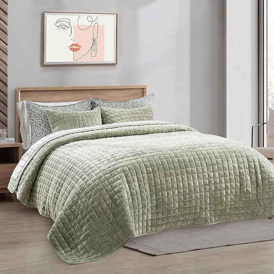 RECYCO Channel Box Stitch Velvet Quilt Set, Full Queen Size, Sage Green | Ultra Soft Lightweight Velvet Comforter, Luxury Oversized Bedspread Coverlet, Quilted Bedding Set for All Season with 2 Shams