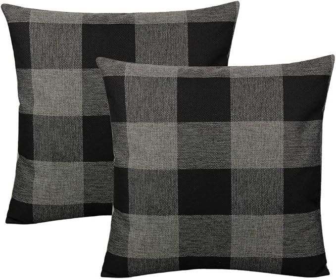 VAKADO 16x16 Set of 2 Black and Grey Farmhouse Rustic Buffalo Plaid Decorative Throw Pillow Covers Retro Check Home Decor Cushion Cases for Couch Bed Sofa, Black and Gray