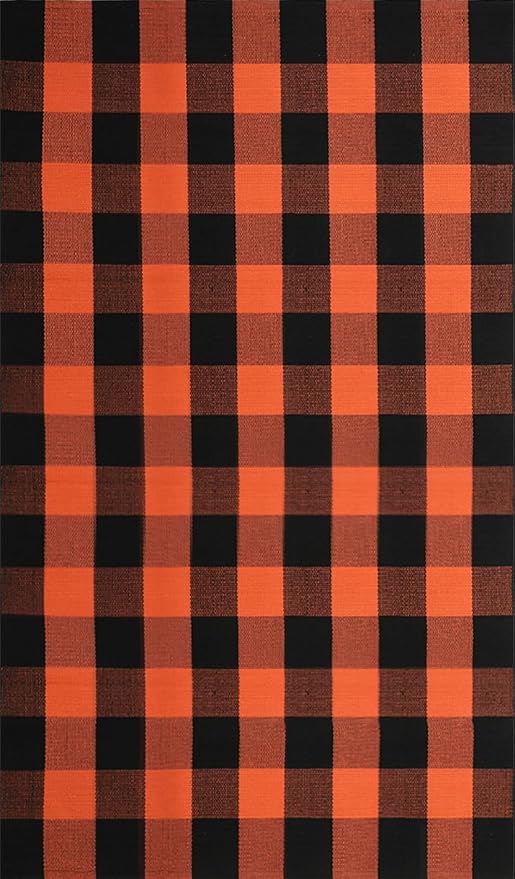 Buffalo Plaid Outdoor Rug 4x6 Ft Orange and Black Checkered Area Rug Halloween Washable Fall Indoor Outdoor Rugs for Entryway,Hallway, Kitchen, Living Room, Dining Room, Bedroom
