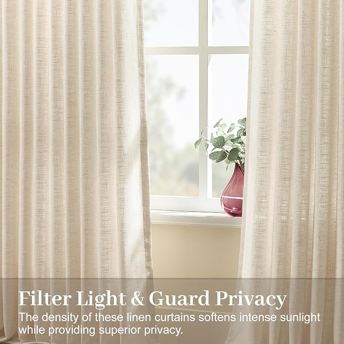 Pinch Pleated Linen Blend Light Filtering Sheer Curtains for Sliding Door | Living Room, Semi Sheer, Pinch Pleat, Hook Rings, Large Window Drapes, Extra Wide, Soft, Thick, 70Wx96L, Sand Beige, 1 Panel