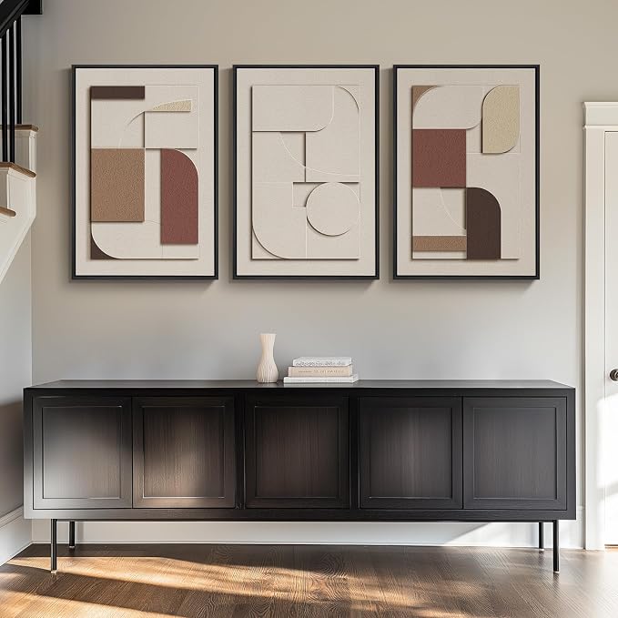Large 3D Textured Neutral Abstract Framed Wall Art for Living Room, 3 Piece | Wood Frames, Brown and Cream, Set of 3 Sandstone Paintings, 20x30 In Modern Geometric Sculptural Wall Decor Bedroom Office