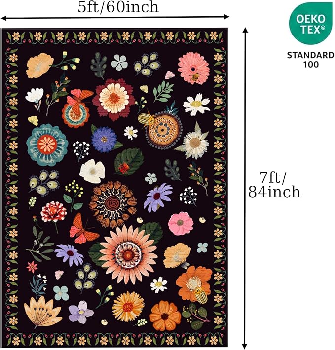 Ciicool Large 5x7 Area Rugs for Living Room Floral Boho Washable Rug | Soft Low-Pile Carpet for Bedroom Dining Room Kids Nursery Home Office Playroom Carpets Decor
