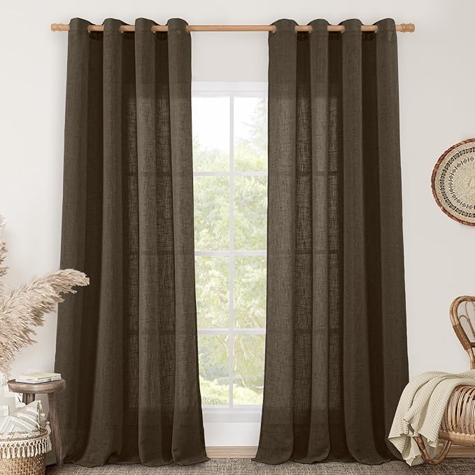 95 inch Length Linen Curtains for Living Room 2 Panels, Dark Brown | Light Filtering, Semi Sheer Window Drapes, Boho, Curtains for Bedroom, Dining Room, Bronze Grommet Panels, 52 x 95 Inch