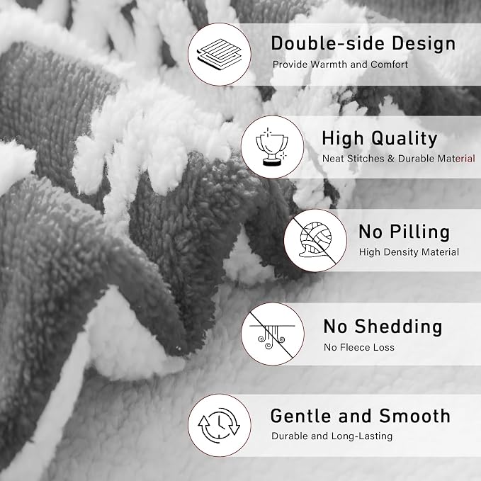 Sherpa Throw Blanket for Couch - Grey Blanket, Snowflakes Pattern, Warm Winter Cabin Throw, Premium Microfiber & Soft Touch, Plush & Fluffy, Warm & Cozy for Sofa and Bed, 50"x60", Grey