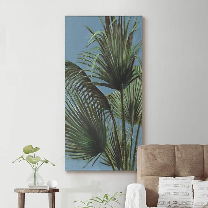Renditions Gallery Canvas Nature Wall Art Home Paintings & Prints Elegant Green Palms Modern Glam Romantic Botanical Artwork Decorations for Bedroom Office Kitchen - 12"x24" LT43