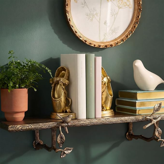 Bookends for Shelves, Ballet Slipper Decorative Bookends - Book Ends with Anti-Slip Pad for Book Lovers Dancers Heavy Book Holder for Home Office Decor (Gold)