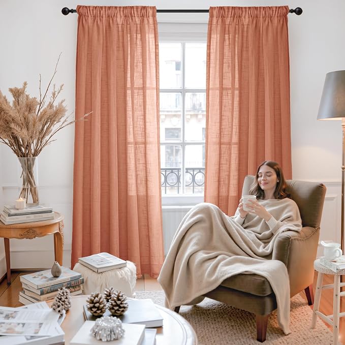 Burnt Orange Linen Semi Sheer Curtains 84 Inches Long for Living Room | Light Filtering Drapes with Rod Pocket Back Tab Rustic Fall Decor for Dining Bedroom Windows, 2 Panels, 52 X 84 Inch