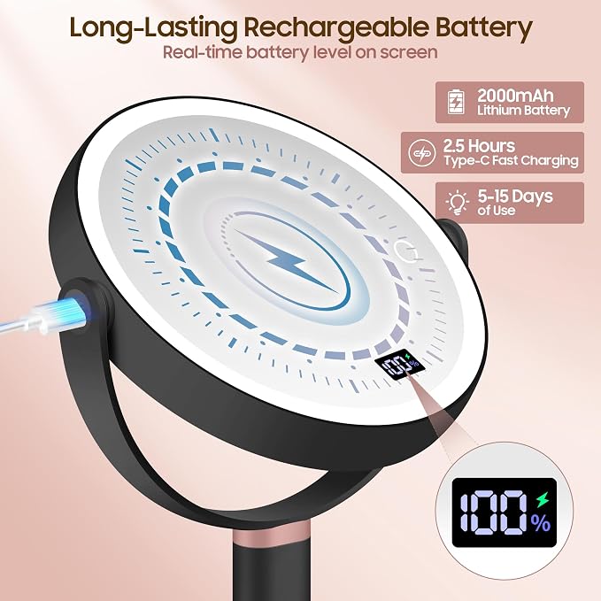 GOMIPURU Makeup Magnifying Mirror with Light 30X/1X, Digital Display, 2-Sided Touch Control, Makeup Mirror with 3 Color Lights,360° Rotate, Height Adjustable Lighted Magnifying Mirrors for Desk Travel