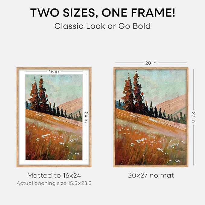 Homeforia 20x27 Natural Oak Picture Frame, High-End Wood, 16x24 Mat, Glass