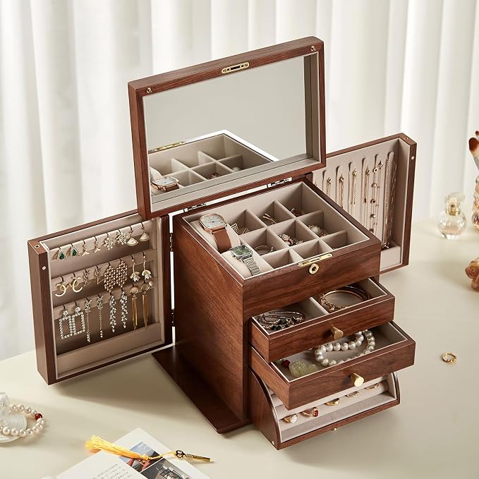 CHOSIN Black Walnut Wooden Jewelry Box for Women with Lock, Mirror, 4 Layer | Locking wity Key, 2 Drawers, Rotating Ring Holder, 2 Side Doors, Large Capacity for Necklaces, Earrings, Rings, Women Gifts