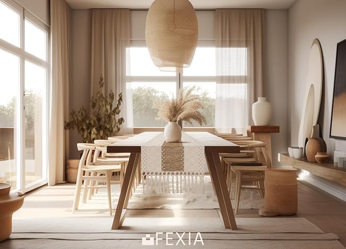 FEXIA Boho Table Runner for Fall Home Decor 12x60 Rustic with Tassels | 60 Inches Long Farmhouse Kitchen Dining Room Macrame Burlap Coffee Table Decoration Dresser Runner Pottery Barn Furniture