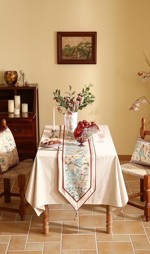 patdrea Designer Idyll Linen Table Runner, Vintage Beige Farmhouse with Ancient Spring Figure and Animal Pattern Table Mat, Decoration for Kitchen Dining Banquet Christmas ,12"*87"