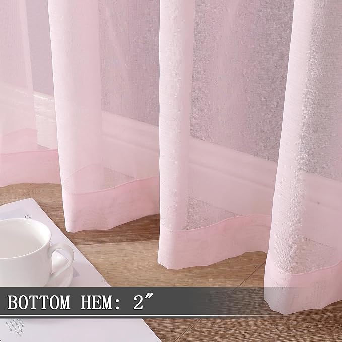 Tollpiz Sheer Tier Curtains Kitchen Linen Textured Half Curtain Sheers Light Filtering Rod Pocket Voile Bathroom Short Curtains for Farmhouse, 25 x 30 inches Long, Pink, Set of 2 Panels