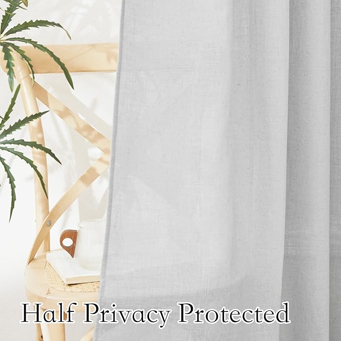 RYB HOME Linen Sheer Curtains for Kitchen, Casual Wave Texture Semi Sheer Curtains for Bedroom/Bath, Privacy Window Curtains for Home Office, Dove Grey, 52 x 45 Each Panel, 2 Pieces