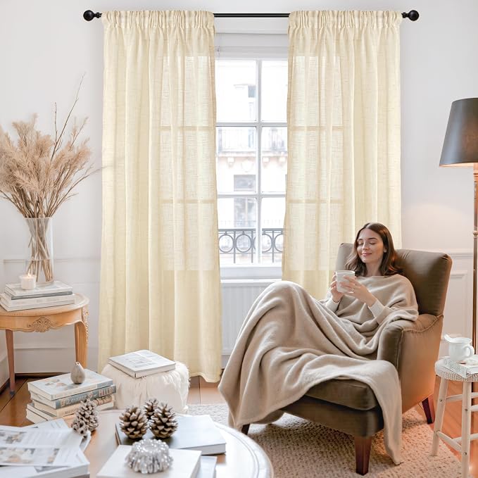 YoungsTex 90 Inches Long Linen Semi Sheer Curtains for Living Room 2 Panels, Cream Beige Light Filtering Window Treatments Drapes with Rod Pocket Back Tab for Bedroom Dining, 52 X 90 Inch