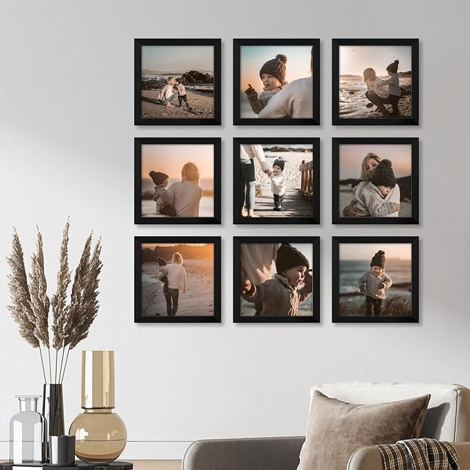 YESKAY 8x8 Picture Frame Set of 9, Photo Gallery Wall Frame Set, Display Pictures 4x4 with Mat or 8 x 8 Without Mat, Square Frame Picture Frames Collage Wall Decor, Black