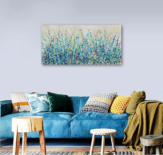 Abstract Floral Canvas Wall Art,Teal Botanical Canvas Pictures Blue Leaf Blossom Spring Painting Wall Decor for Living Room Bedroom Kitchen Home Office Decoration Framed 24"X48"