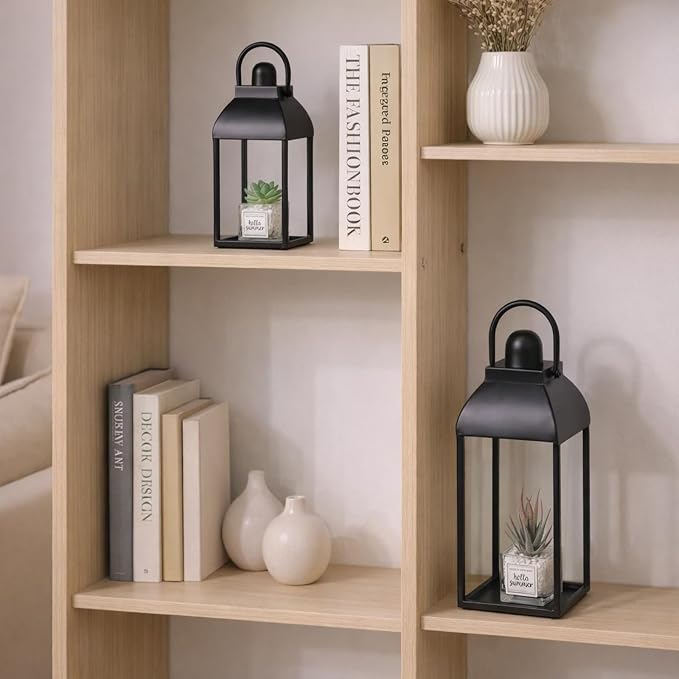 Lanterns Decorative Outdoor Indoor, 17'' 13'' Black Metal Outdoor Lanterns | Set of 2 Modern Farmhouse Candle Lantern Decor Rustic Lanterns Centerpieces for Patio, Front Porch, Mantel, Wedding, No Glass
