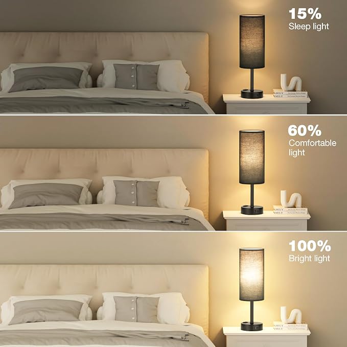 Fenmzee Black Bedside Lamp for Bedroom, Dimmable Touch, USB A+C, AC Outlet