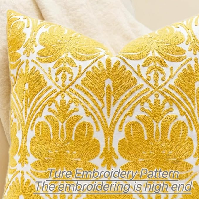 Slow Cow Yellow Canvas Embroidery Decorative Throw Pillow Cover Cushion Cover for Couch Sofa 18 x 18 Inches