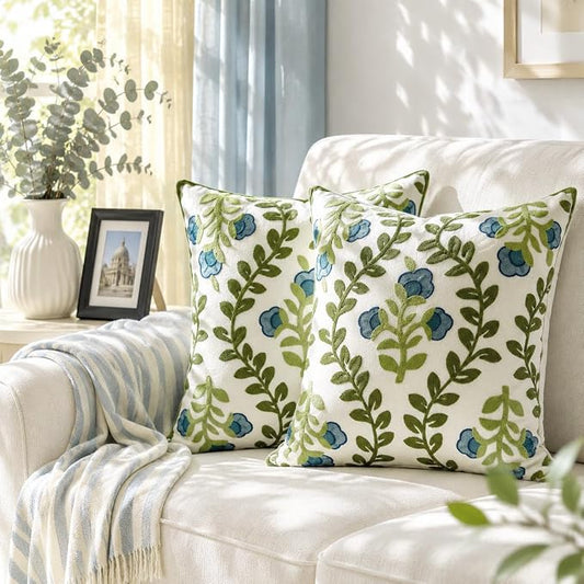 Alysheer Floral Embroidered Summer Decorative Throw Pillow Covers 18"x 18" Set of 2, Farmhouse Blue Flowers Green Vines Patterned Cotton Cushion Cases for Couch Bed Living Room Cottage Decor