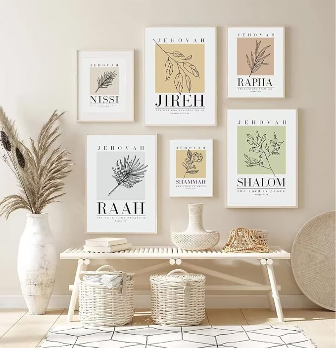 Bible Wall Art Print Set of 6 Christian Scripture Wall Art Decor Jehovah Jireh Rapha Shalom Shammah Nissi Raah Wall Art Bible Verse Poster Modern Minimalist for Living Room Bedroom 8x10 Inch UNFRAMED