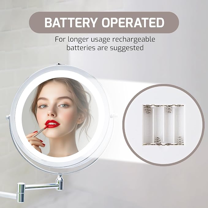 OVENTE 9" Wall Mounted Lighted Makeup Mirror, Polished Chrome MFW85CH1X10X | Cordless Double Sided 1X/10X Magnifying Mirror for Bathroom with LED Lights, 360° Rotation, Extendable Arm, Battery Operated
